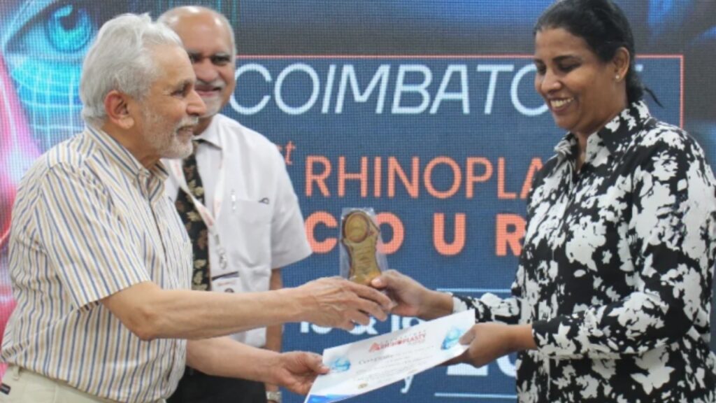Dr. Kovarthini honored for excellence in rhinoplasty training at Coimbatore’s first course, co-organized with Dr. Sivakumar Subramaniyam