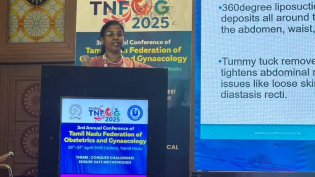 Dr. Kovarthini speaking on Mommy Makeover and post-pregnancy body restoration at the Tamil Nadu FOGSI Conference